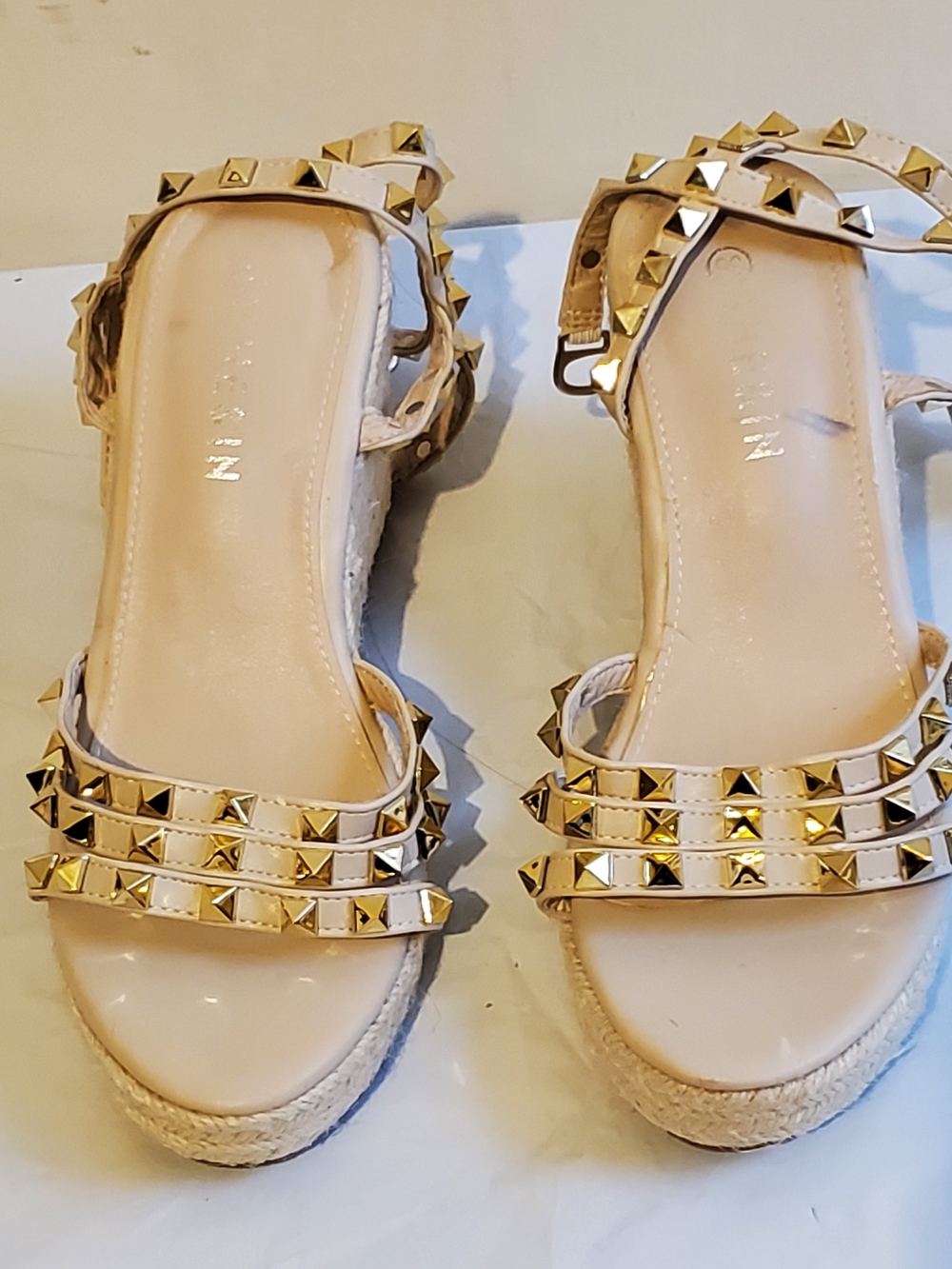 Studded Cream Platform Sandals with Gold Accents